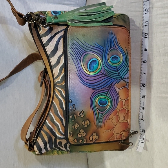 Anuschka animal print peacock feather handpainted leather shoulder bag - Picture 1 of 10